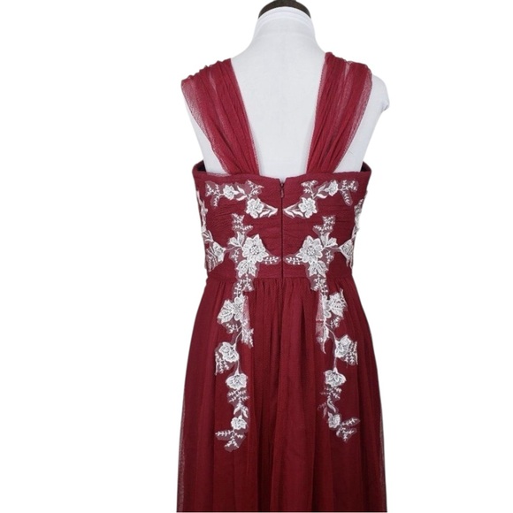 Vivian Diamond Dessy Collection Burgundy Floral Applique Maxi Tulle Dress Sz 12 - Picture 7 of 16